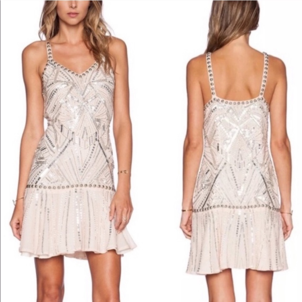 Parker Devany Beaded Sequin Mini Dress In Blush M